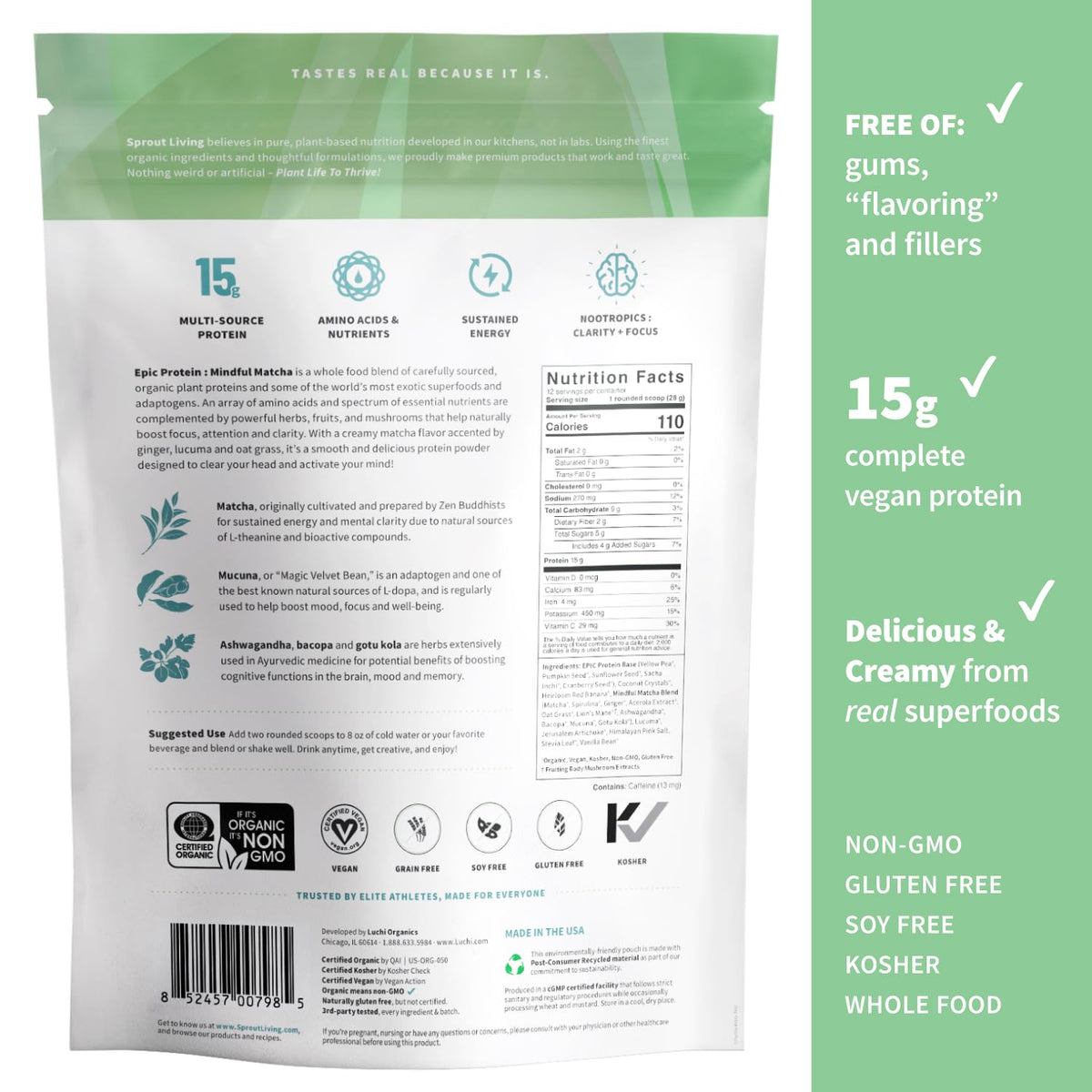 Sprout Living Epic Protein, Plant Based Protein & Superfoods Powder, Vanilla Lucuma Powder | 20 Grams Organic Protein Powder, Vegan, Non Dairy, Non-GMO, Gluten Free, Low Sugar (1 Pound, 12 Servings)