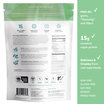 Sprout Living Epic Protein, Plant Based Protein & Superfoods Powder, Vanilla Lucuma Powder | 20 Grams Organic Protein Powder, Vegan, Non Dairy, Non-GMO, Gluten Free, Low Sugar (1 Pound, 12 Servings)