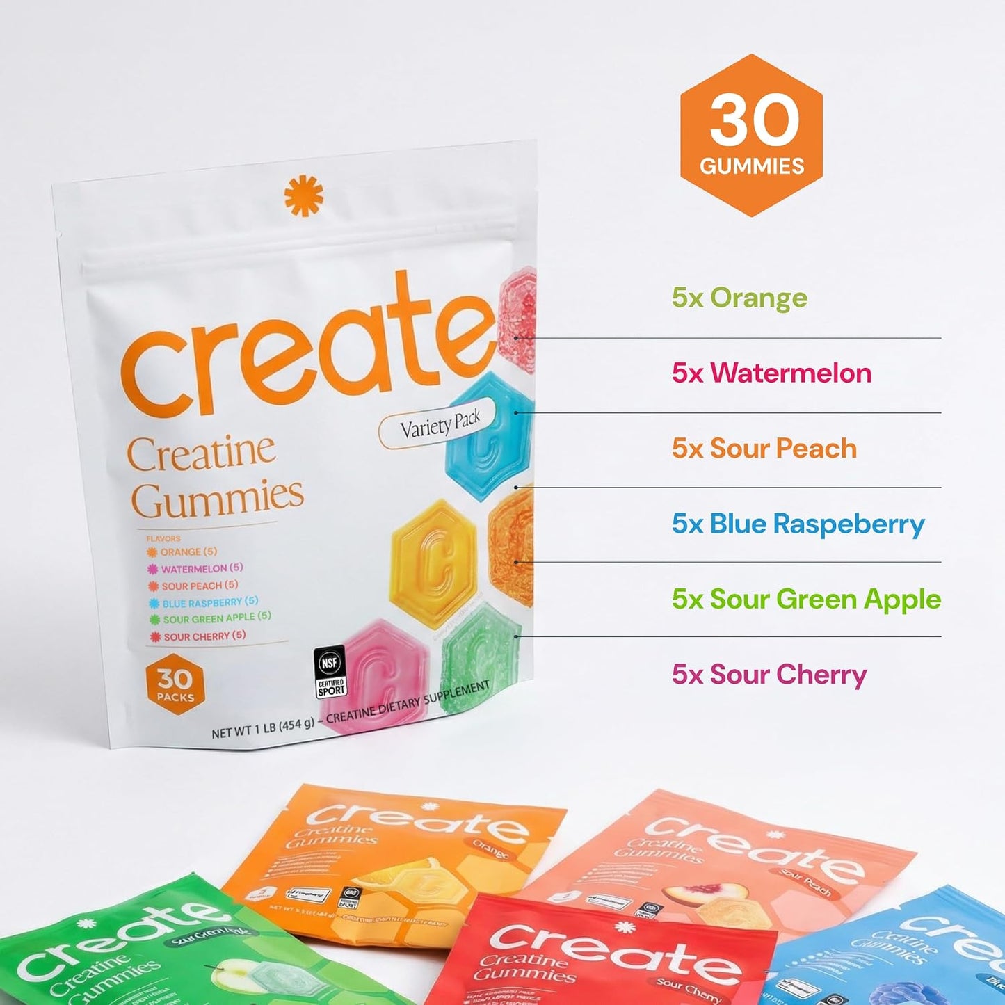 Create Creatine Gummies – Single-Serve Packs – 30ct – Variety Pack | NSF Certified for Sport – Made with Creatine Monohydrate, Vegan & Gluten-Free, Anti-Melting Formula, 3 Gummies per Pack