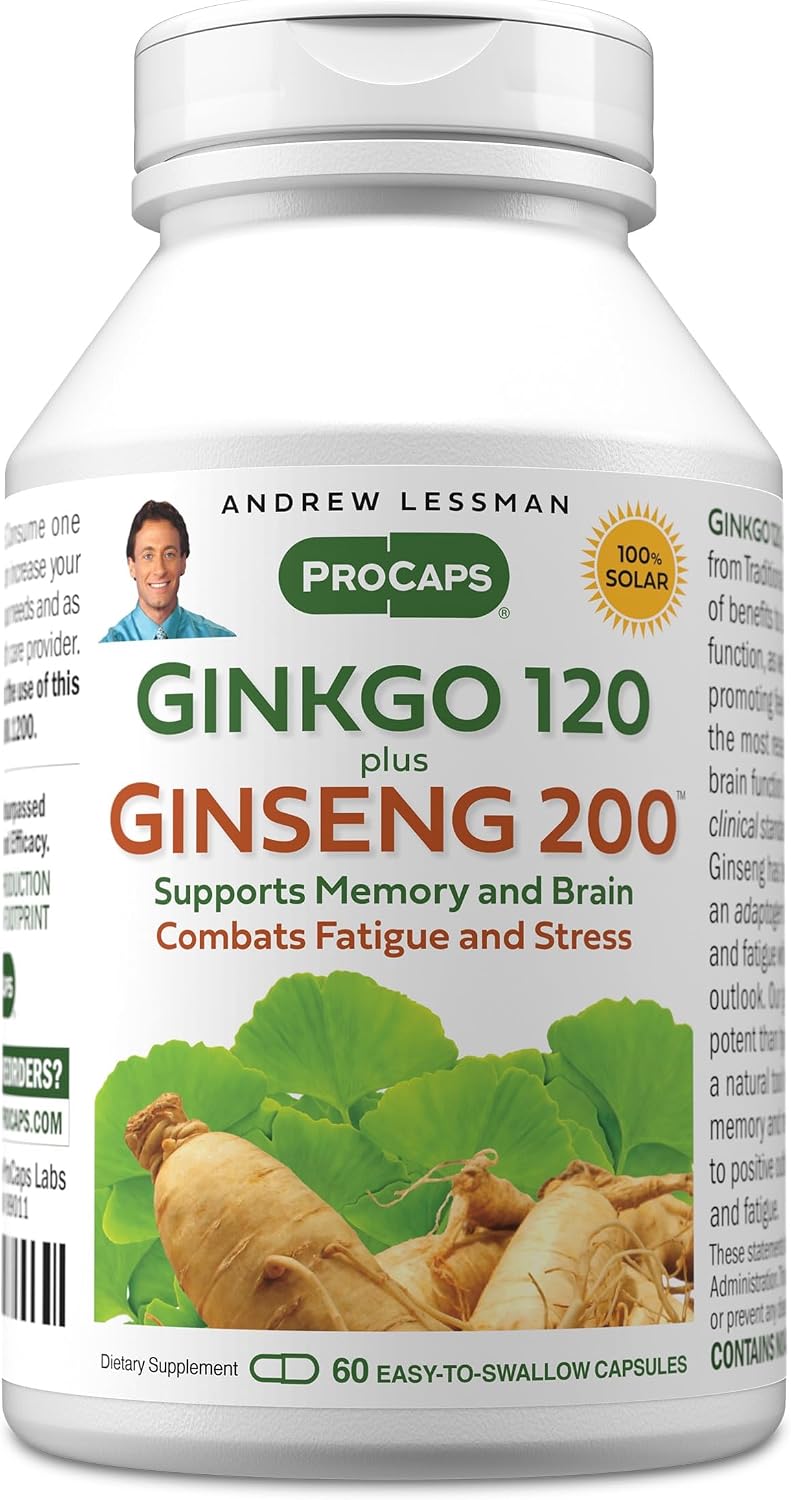 ANDREW LESSMAN Ginkgo 120 Plus Ginseng 200mg - 60 Capsules - Standardized Extract Blend to Support Brain, Memory and Cognitive Function. Adaptogen, Combats Stress and Fatigue. No Additives
