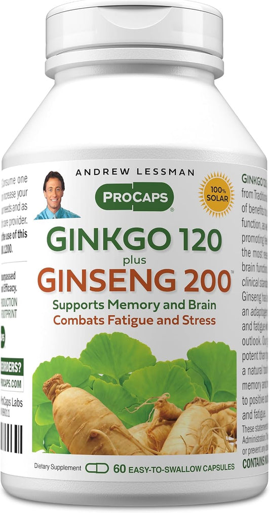 ANDREW LESSMAN Ginkgo 120 Plus Ginseng 200mg - 60 Capsules - Standardized Extract Blend to Support Brain, Memory and Cognitive Function. Adaptogen, Combats Stress and Fatigue. No Additives