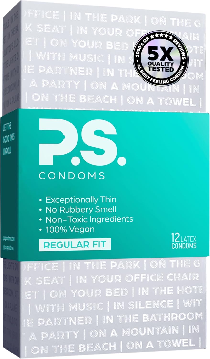 PS Condoms Exceptionally Thin Latex Condoms, Clean & Odorless, 12 Pack | Individually tested, 0.045 mm natural rubber, 40% thinner, lubricated, vegan, and free of PFAS, gluten, glycerin and parabens