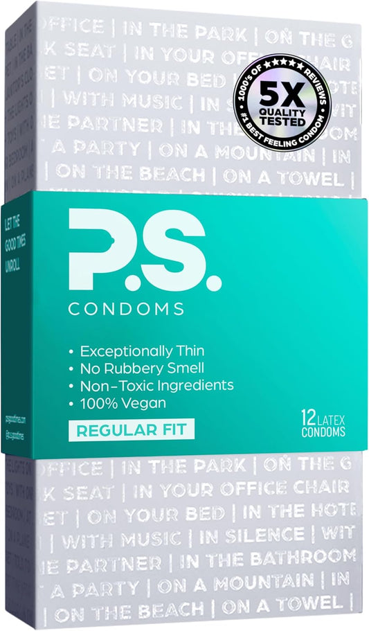 PS Condoms Exceptionally Thin Latex Condoms, Clean & Odorless, 12 Pack | Individually tested, 0.045 mm natural rubber, 40% thinner, lubricated, vegan, and free of PFAS, gluten, glycerin and parabens