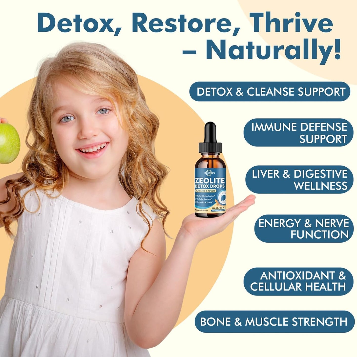 Zeolite Detox for Kids and Adults, Zeolite Clinoptilolite Liquid Drops with Chlorella, Magnesium, Zinc, Methy Vitamin B12 & D3, Gut Liver Detox Cleanse, Immunity, Pineapple Flavor 2 Fl Oz
