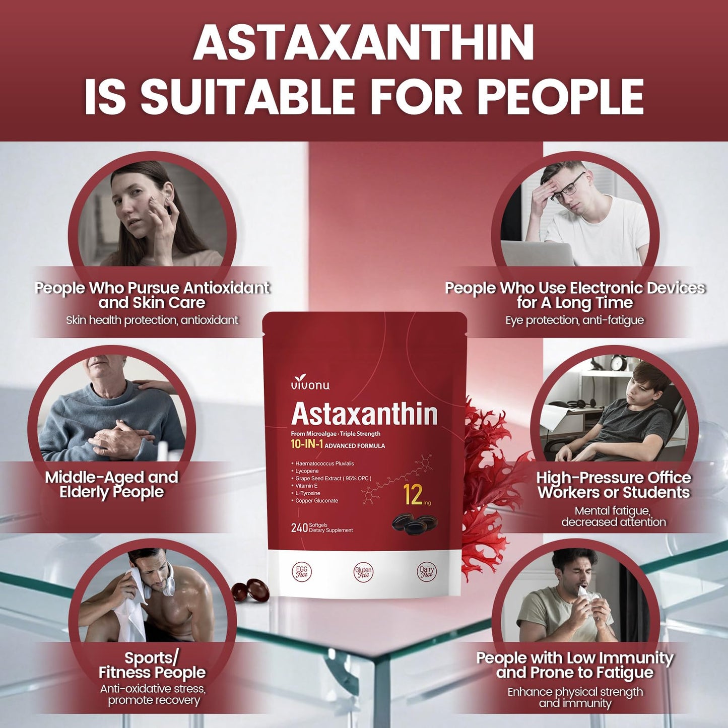 10 in 1 Astaxanthin 12mg Supplements, 4 Month Supply, Astaxantina Antioxidant from Fresh Haematococcus Pluvialis, Contains Lycopene, Grape Seed, Vitamin E, & More Supports Eye, Joints, Skin Health