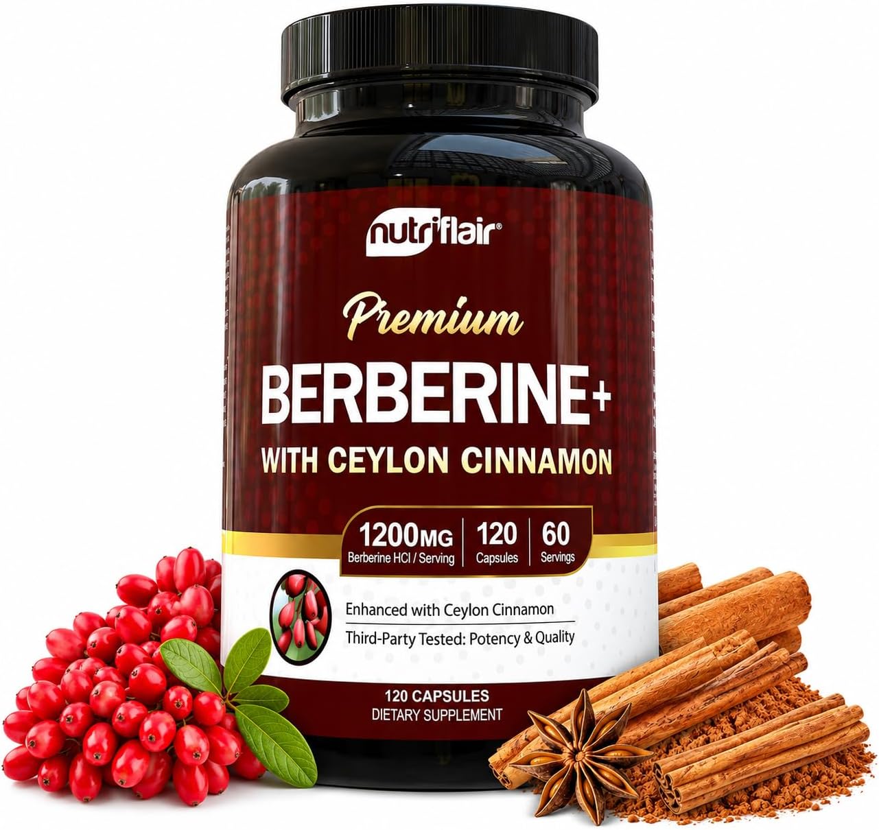 NutriFlair Berberine HCl 1200mg, 120 Capsules - Plus Ceylon Cinnamon, Berberine HCI Root Supplements Pills - Made in USA