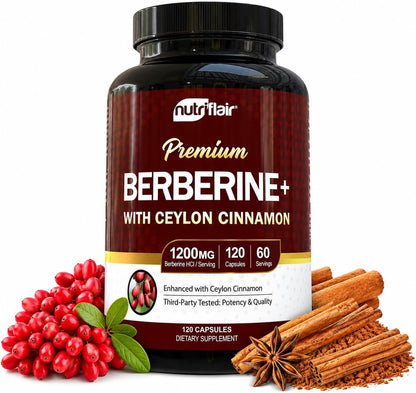 NutriFlair Berberine HCl 1200mg, 120 Capsules - Plus Ceylon Cinnamon, Berberine HCI Root Supplements Pills - Made in USA