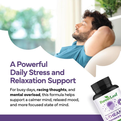 ForestLeaf L Theanine Supplement - L-Theanine 200mg with Ashwagandha and Magnesium for Focus, Stress Relief & Relaxation - Non-GMO & Gluten Free - 100 Caps