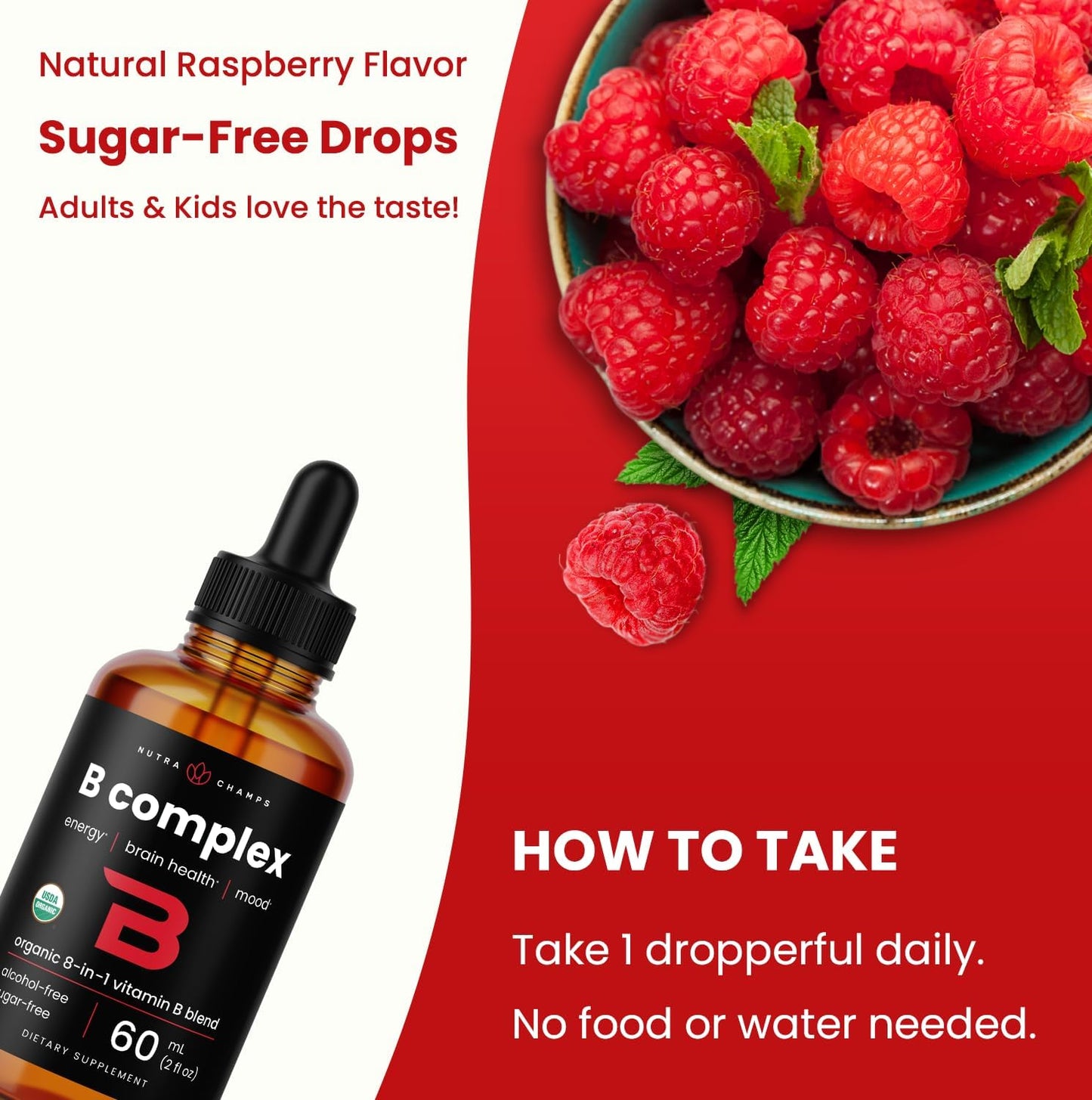 USDA Organic Vitamin B Complex Liquid Drops Sublingual B12 Methylcobalamin | B1, B2, B3, B5, B6, B7, B9 | Methylated B Vitamins Complex for Women & Men | Biotin, Niacinamide, Folate & Folic Acid, 2oz