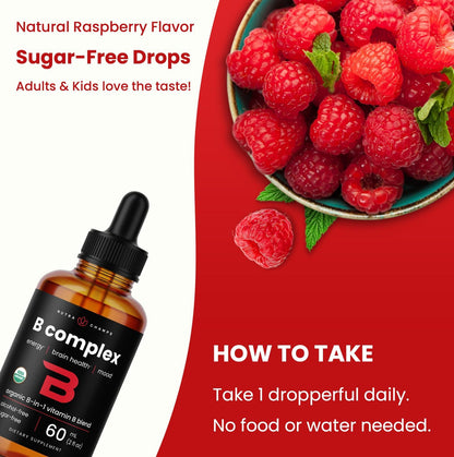 USDA Organic Vitamin B Complex Liquid Drops Sublingual B12 Methylcobalamin | B1, B2, B3, B5, B6, B7, B9 | Methylated B Vitamins Complex for Women & Men | Biotin, Niacinamide, Folate & Folic Acid, 2oz