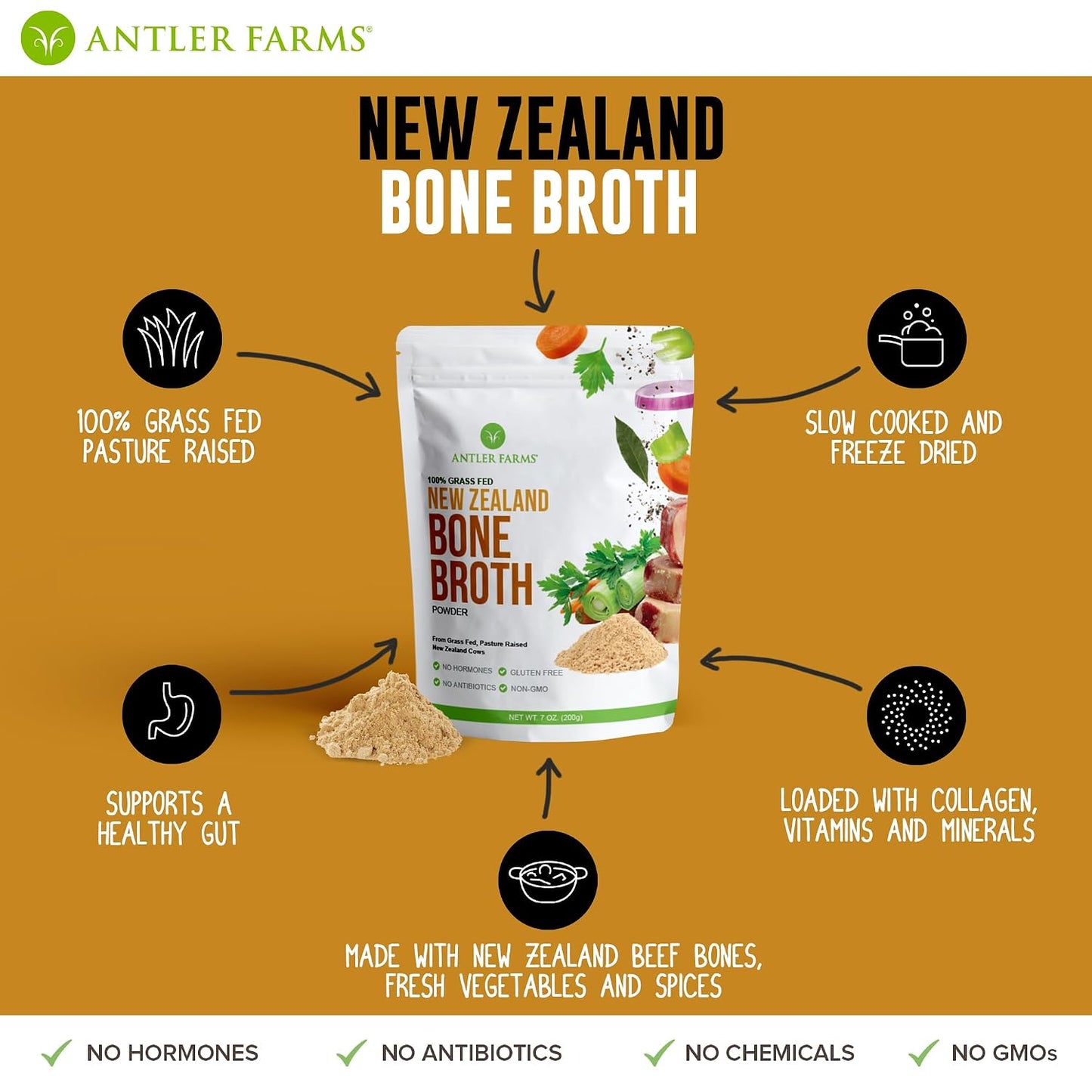 Antler Farms - 100% Grass Fed New Zealand Bone Broth Powder, 40 Servings, 200g - Slow Cooked, Gently Dried, Delicious Flavor, No Hormones, Antibiotics, & GMOs | 100% Pure Beef Bone Broth Powder for Humans, Slow Cooked, Gently Dried, Light Flavor, No Hormo