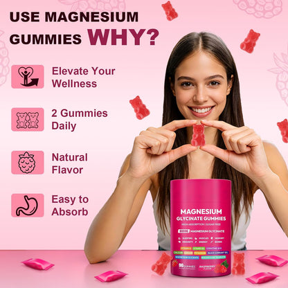 Magnesium Glycinate Gummies 600mg, High Absorption Magnesium Complex, Sugar Free Chewables Gummies with VitaminD & B6, CQ10 for Adults & Kids, Relaxation, Muscle & Zzz Support