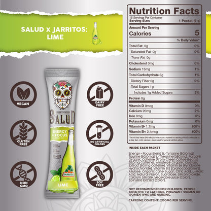 Salud x Jarritos 2-Pack | 2-in-1 Energy + Focus (Fruit Punch) & Energy + Focus (Lime) – 15 Servings Each, Agua Fresca Drink Mix, Non-GMO, Gluten Free, Vegan, Low Calorie, 1g of Sugar