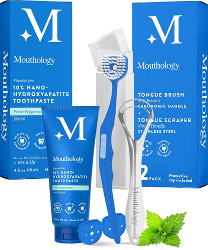 Mouthology Soft Bristle Tongue Brush and Tongue Scraper for Adults (2 Pack) and 10% Nano Hydroxyapatite Toothpaste (Fluoride Free)
