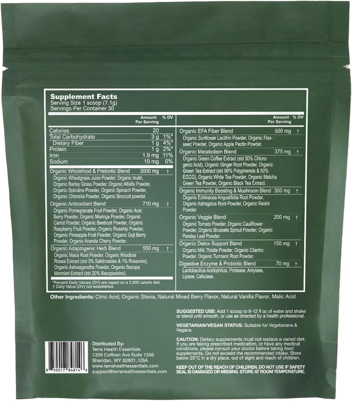 Terra Health Essentials® Super Greens | Organic Superfood Greens Powder | Gluten-Free Gut-Friendly Probiotics | 30 Servings
