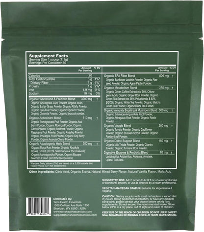 Terra Health Essentials® Super Greens | Organic Superfood Greens Powder | Gluten-Free Gut-Friendly Probiotics | 30 Servings