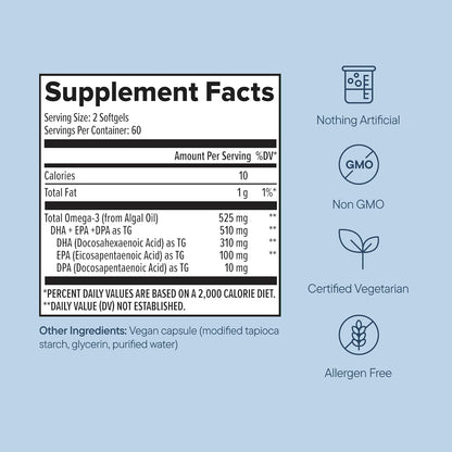 Zenwise Health Vegan Omega 3 Supplement, Algae Oil, EPA DHA - 120 CT | 120 Softgels, Plant-based Fish Oil Alternative, 510mg EPA DHA DPA, Algal Oil, Sustainably Sourced, Burpless, Non-GMO, Vegan