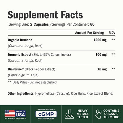 Turmeric Curcumin Supplement – 1200mg Organic Turmeric + BioPerine. 60 Caps