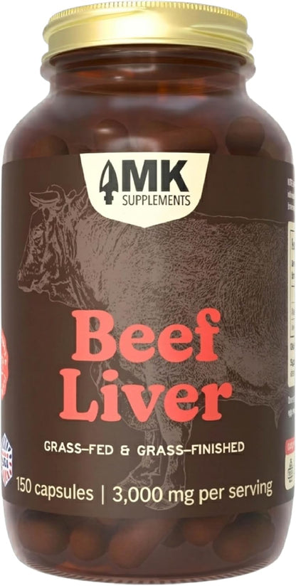 MK Supplements Grass-Fed Desiccated Beef Liver, Non-Defatted, Made in USA | 3,000mg per serving, 150 capsules, 30 servings, freeze-dried, regeneratively raised, amber glass bottle, family owned