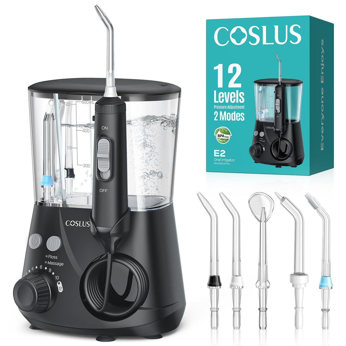 COSLUS E2 Water Dental Flosser for Teeth, Multi-User Family Use, Green