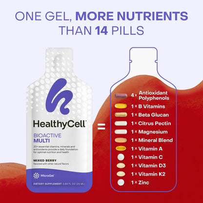 Healthycell Bioactive Multi - Daily Liquid Multivitamin for Men & Women | 20+ Essential Vitamins, Minerals & Antioxidants for Brain, Heart, Immunity, Energy, Skin & Hair Support - 30 Gel Packs