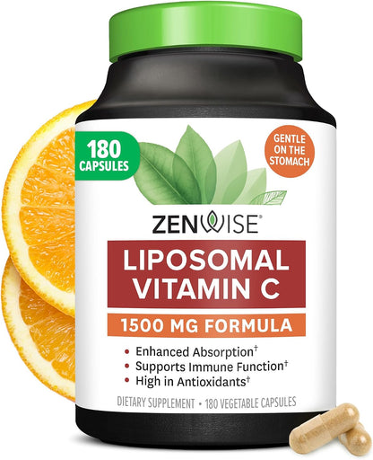 Zenwise Health Liposomal Vitamin C Supplement - Immune Antioxidant - 180 CT | 180 Capsules, 1500mg Liposomal, Enhanced Absorption, Vegan, Organic, Gluten Free, Unflavored