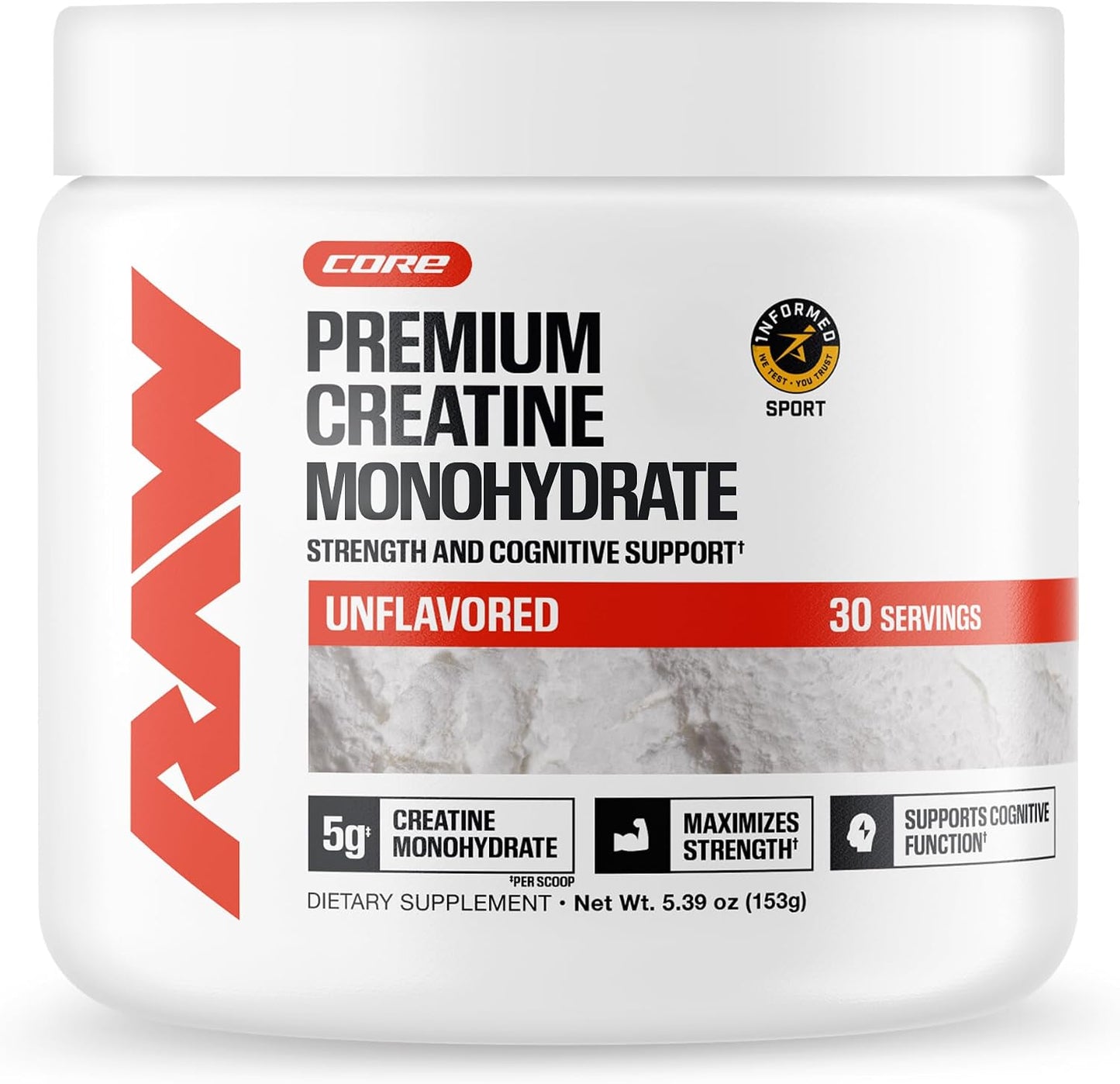 RAW Nutrition Creatine Monohydrate Powder, Unflavored (30 Servings) - Micronized Creatine Monohydrate Supplement for Workout Performance, Build Muscle & Strength - Creatine Powder for Men & Women