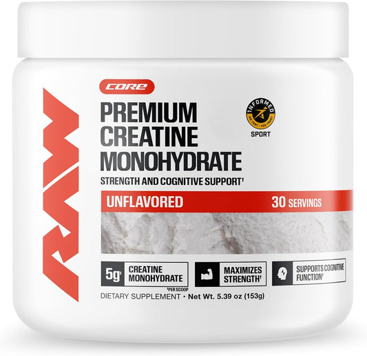 RAW Nutrition Creatine Monohydrate Powder, Unflavored (30 Servings) - Micronized Creatine Monohydrate Supplement for Workout Performance, Build Muscle & Strength - Creatine Powder for Men & Women
