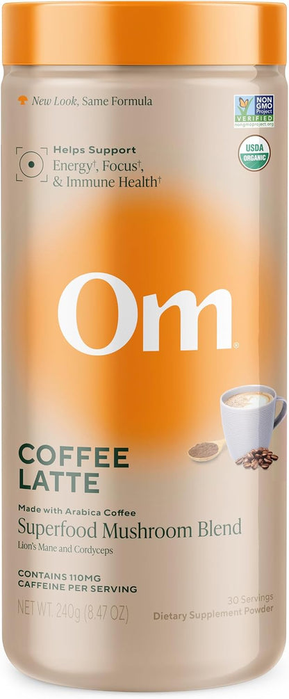 OM MUSHROOM SUPERFOOD Coffee Latte Blend – Functional Mushroom Powder with Lion’s Mane & Cordyceps – Energy, Focus & Mental Clarity Support – 8.47 oz Canister (30 Servings)