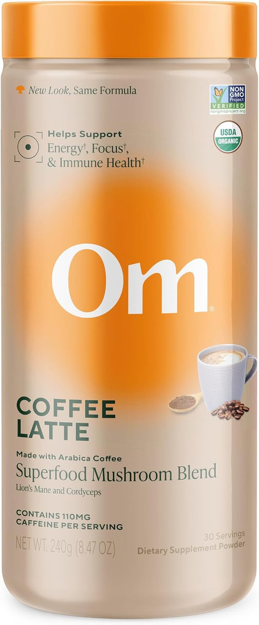 OM MUSHROOM SUPERFOOD Coffee Latte Blend – Functional Mushroom Powder with Lion’s Mane & Cordyceps – Energy, Focus & Mental Clarity Support – 8.47 oz Canister (30 Servings)