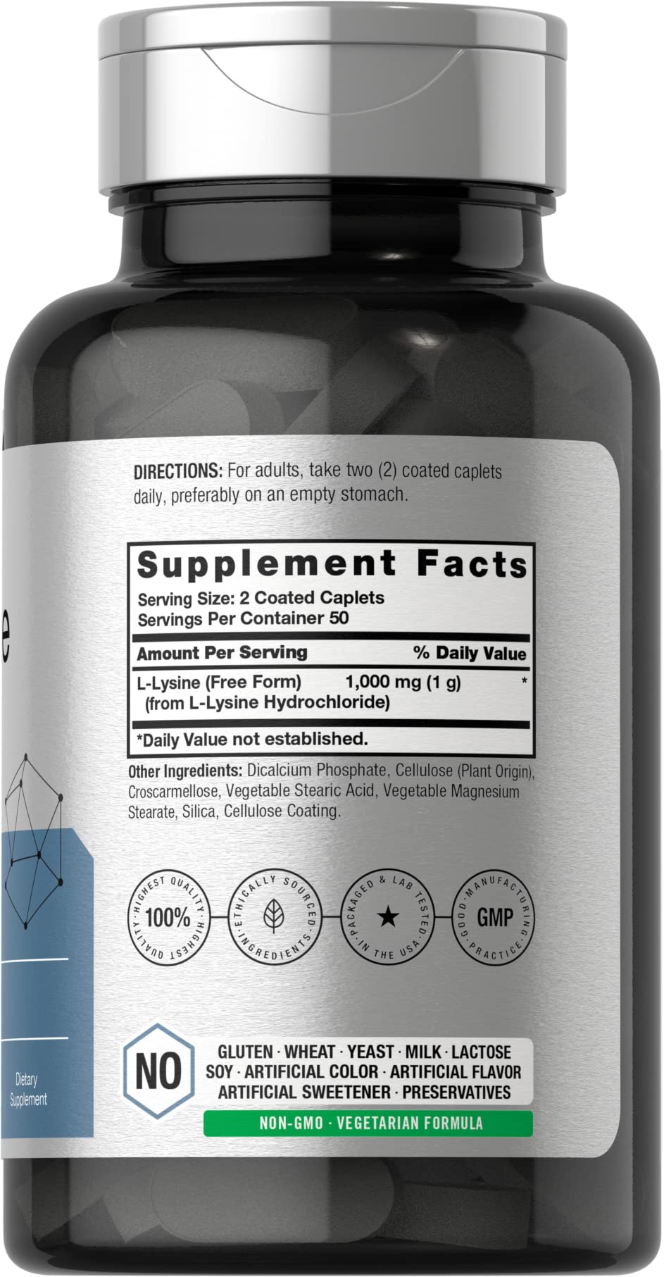 L-Lysine 1000mg | 100 Coated Caplets | Free Form Dietary Supplement | Vegetarian