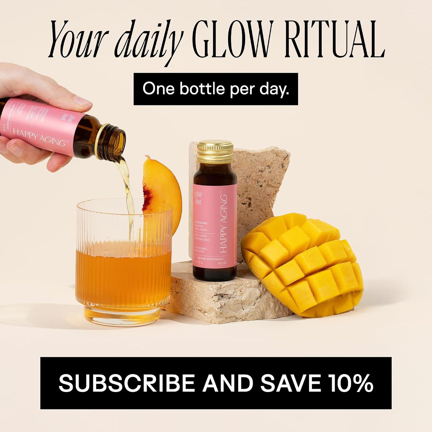 Happy Aging Marine Collagen Peptides Glow Shot 10g - Liquid Collagen for Women with Liposomal Delivery - Promotes Skin Hydration, Elasticity & Radiance - Supports Hair & Nails, 10 Shots