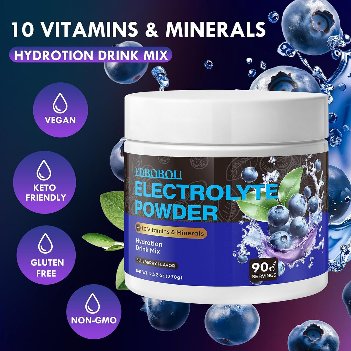 Sugar Free Blueberry Electrolyte Powder Hydration Drink Mix Keto Friendly, Vegan, Non-GMO Fast Hydration with Potassium, Magnesium, Sodium Gluten Free, No Artificial Additives, 90 Servings