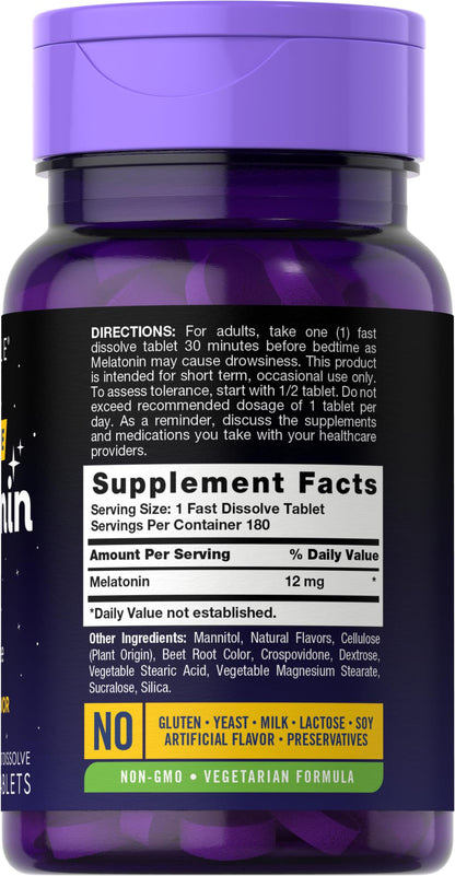 Carlyle Melatonin 12 mg Fast Dissolve 300 Tablets | Drug Free | Natural Berry Flavor | Vegetarian, Non-GMO, Gluten Free