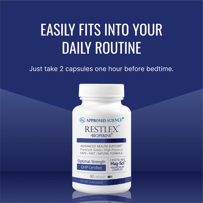 Approved Science Restlex for Restless Legs – Magnesium Glycinate for Calm Legs and Restful Legs – Natural Itching, Crawling, and Tingling in Feet and Legs - Calm, Restful Sleep Support - 1 Month