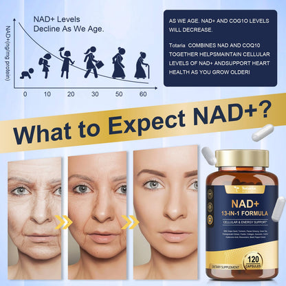 Totaria NAD Supplement for Women Men with nicotinamide riboside resveratrol,Quercetin, Betaine Boost NAD+ Levels NAD Plus Supplement for Anti Aging, Energy, Immune, Focus 120 Capsules