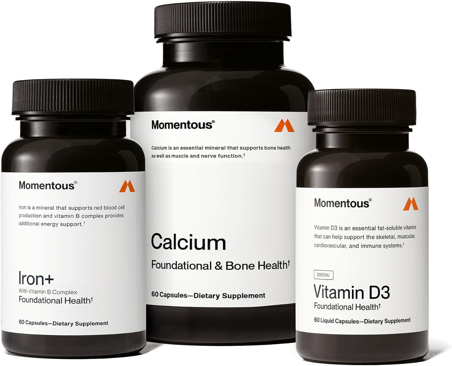Momentous The Women's Three Bundle - Iron+, Calcium, & Vitamin D3 (2,000 IU) - 3 Critical Nutrients for All Women in 1 Daily Supplement System - NSF Certified for Sport - Gluten-Free - 60 Servings