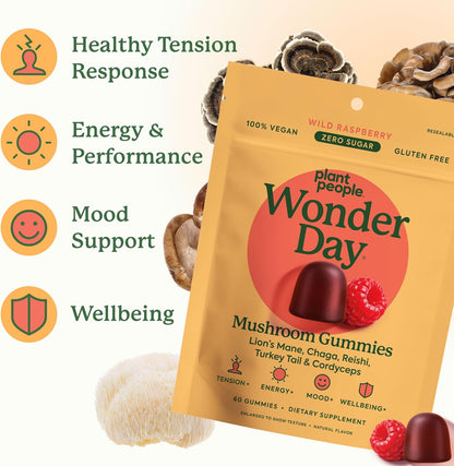 Plant People WonderDay Mushroom Gummies for Energy, Raspberry, 60ct