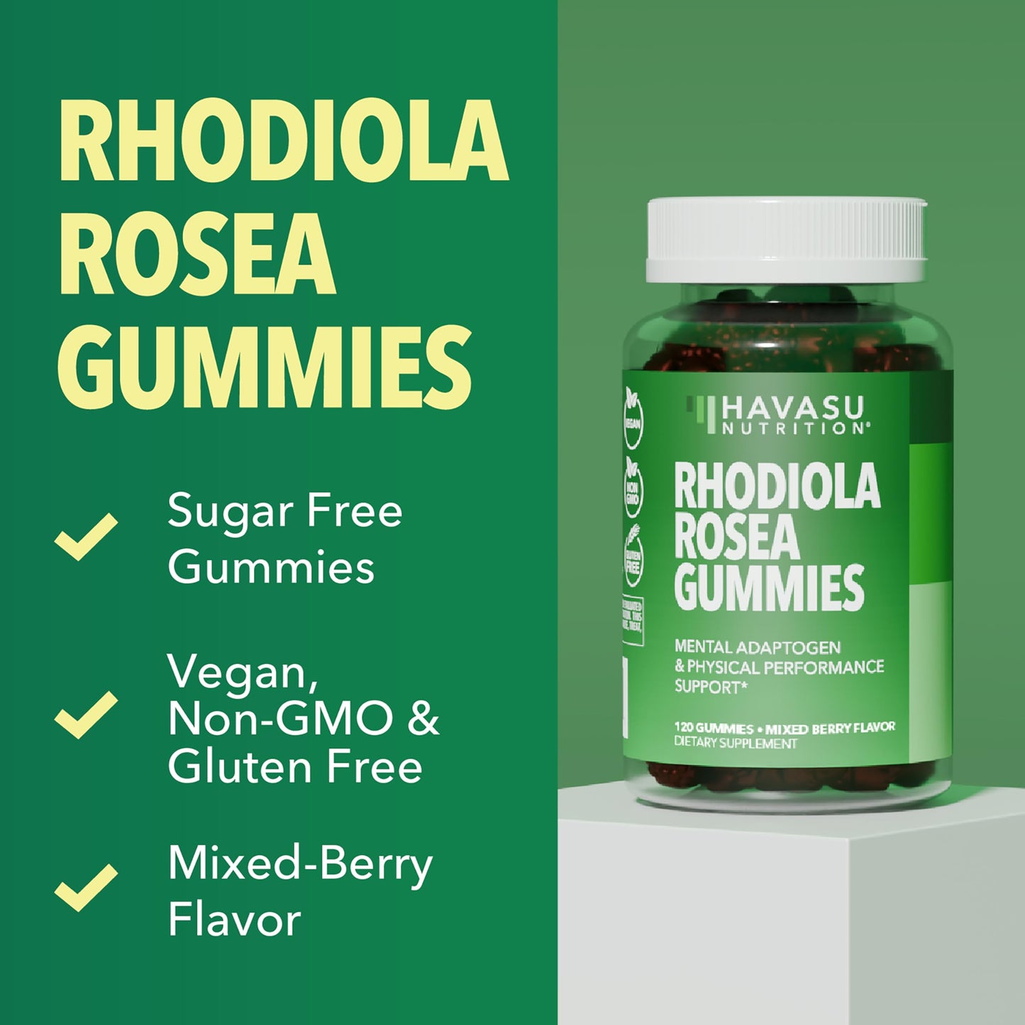 Rhodiola Rosea Gummies, Sugar Free Rhodiola Supplement, 30 Servings | Herbal Adaptogen for Mental Clarity and Performance, 60 Count, Vegan and Gluten-Free, Mixed Berry Flavor, 1-Month Supply