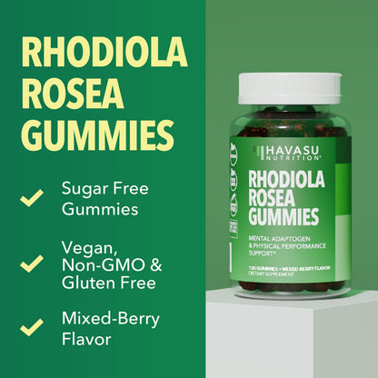 Rhodiola Rosea Gummies, Sugar Free Rhodiola Supplement, 30 Servings | Herbal Adaptogen for Mental Clarity and Performance, 60 Count, Vegan and Gluten-Free, Mixed Berry Flavor, 1-Month Supply