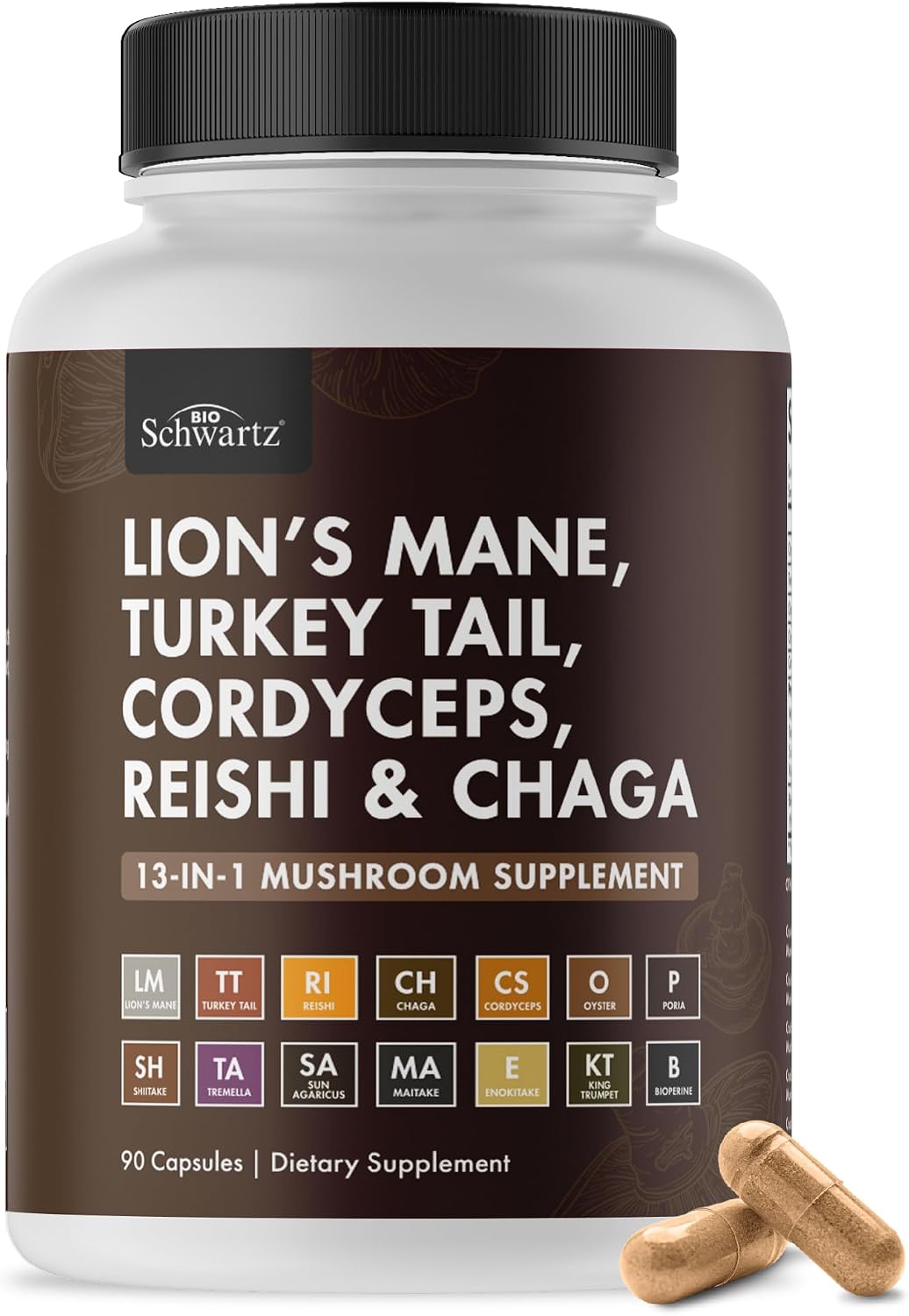 BioSchwartz 13-in-1 Mushroom Complex Capsules with Bioperine, 90 Count