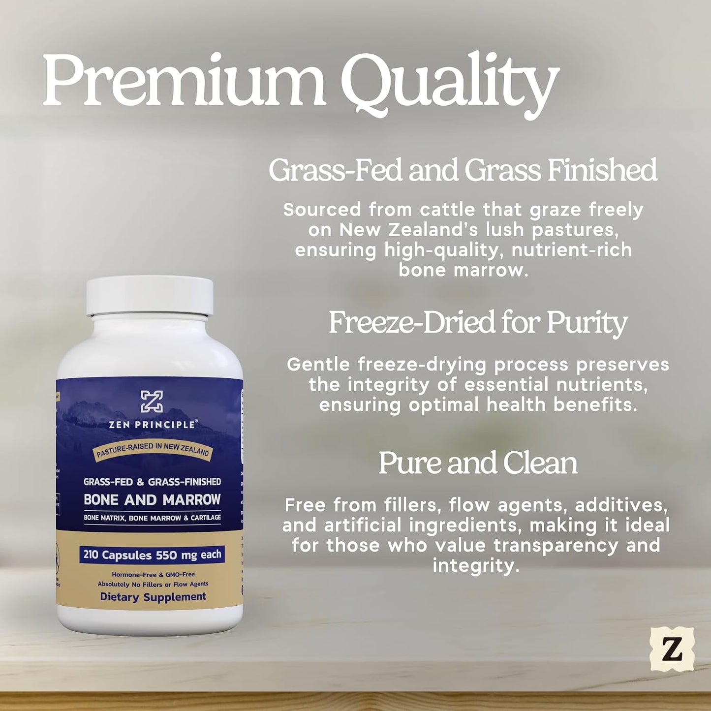 Zen Principle Grass Fed Beef Bone Marrow Supplement, 3300mg. Skin, Oral Health, and Joint Support. Promotes Whole-Body Wellness. Whole Bone Extract, 2-Pack, 420 Capsules (210 Capsules Per Bottle).
