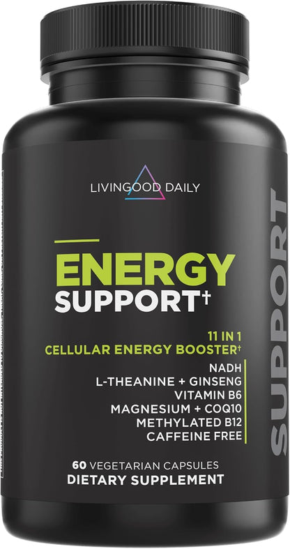 Livingood Daily Energy Support, 11-in-1 Supplement with Magnesium, Vitamin B6, B12, Amino Acids, L Carnitine, CoQ10, Ginseng & L Theanine, Supports Natural Energy for Men & Women, Vegan, 60 Capsules