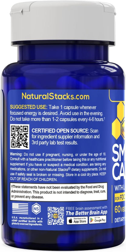 Smart Caffeine Pills w/ L-Theanine 200mg, Energy & Focus Support - 60 Count | 100mg Caffeine Per Serving - No crash or Jitters - Non-GMO & Gluten Free - Natural Stacks