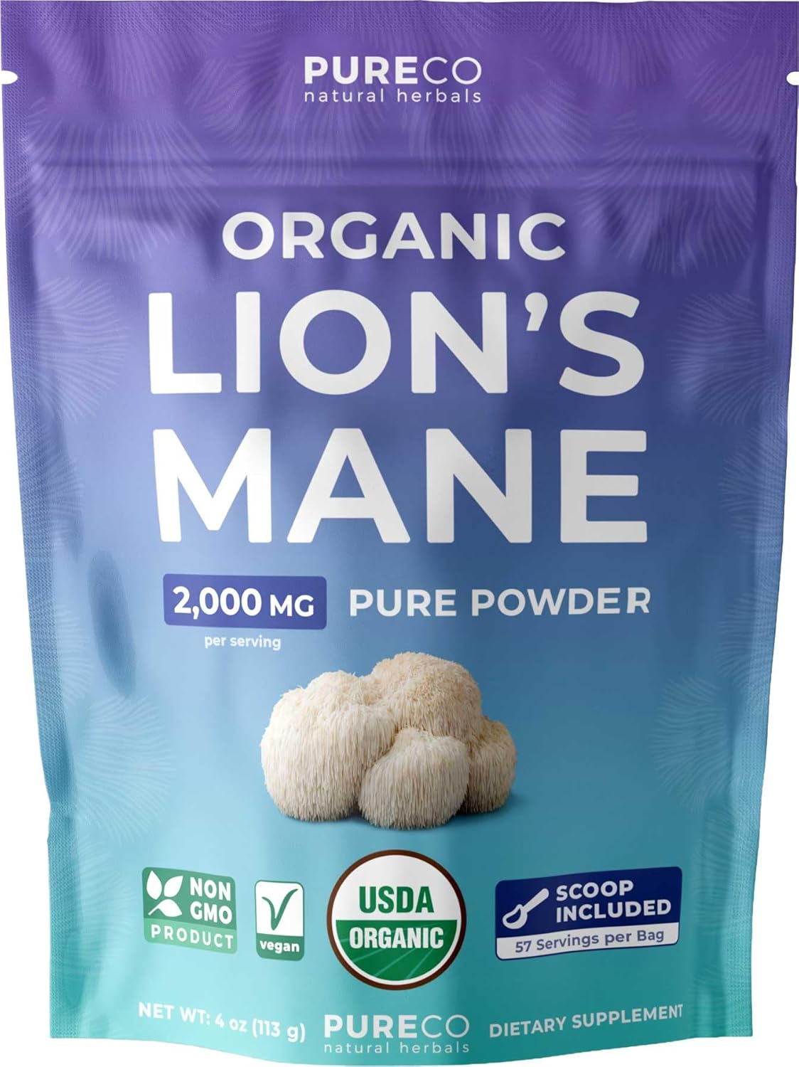 USDA Organic Lion's Mane Powder - Lion Mane Mushroom Supplement for Coffee Smoothies & More - Nootropic Brain Supplement for Memory and Focus Support - Vegan Non-GMO & No Fillers (57 Servings)