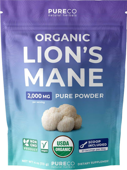 USDA Organic Lion's Mane Powder - Lion Mane Mushroom Supplement for Coffee Smoothies & More - Nootropic Brain Supplement for Memory and Focus Support - Vegan Non-GMO & No Fillers (57 Servings)