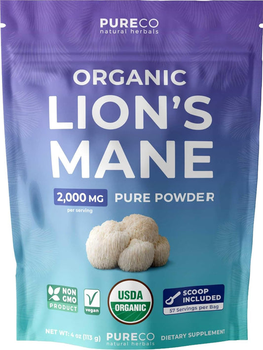 USDA Organic Lion's Mane Powder - Lion Mane Mushroom Supplement for Coffee Smoothies & More - Nootropic Brain Supplement for Memory and Focus Support - Vegan Non-GMO & No Fillers (57 Servings)