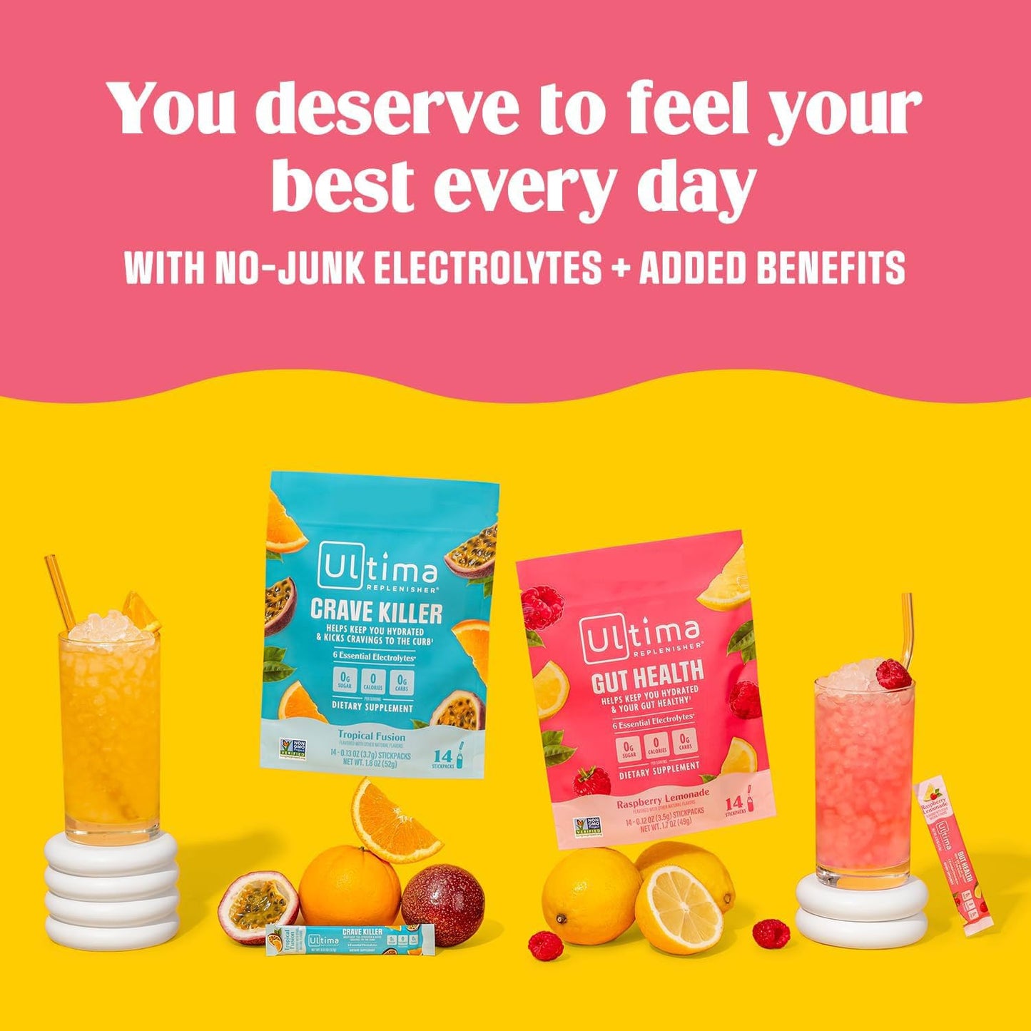 Ultima Replenisher Gut Health Supplement, Raspberry Lemonade, 14 Stickpacks | Daily Zero Sugar Electrolyte Powder Hydration Packets with 6 Key Electrolytes, Prebiotics & Probiotics for Gut Health Support