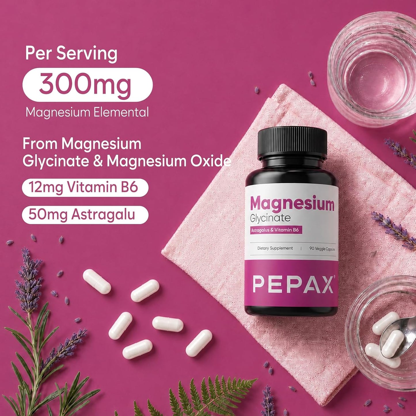 Magnesium Glycinate Supplement 300mg Elemental Magnesium Complex for Women with Vitamin B6 & Astragalus, 90 Capsules, Vegan, Non-GMO, Gluten-Free, 45-Day Supply, Made in USA