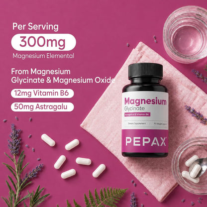 Magnesium Glycinate Supplement 300mg Elemental Magnesium Complex for Women with Vitamin B6 & Astragalus, 90 Capsules, Vegan, Non-GMO, Gluten-Free, 45-Day Supply, Made in USA